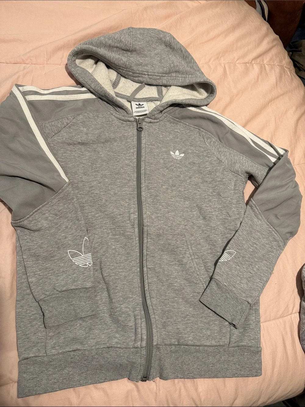 adidas Gray Kids Zip-Up Hoodie with Hood and Trefoil